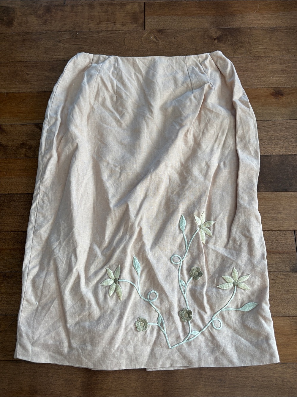 Light Beige Floral Embroidered Linen Blend Skirt - Linen